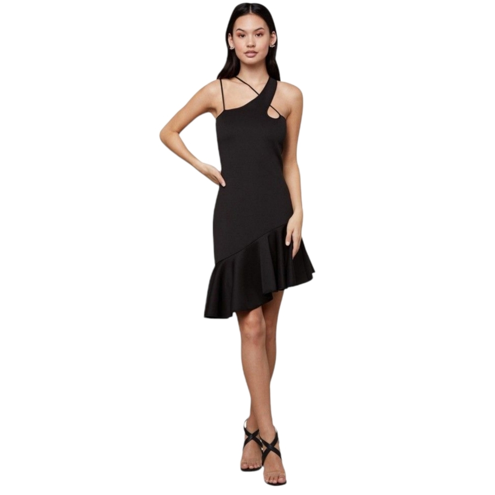 BEBE Georgeous Asim Scuba Ruffle Dress Jet/Black Size S MSRP $149
